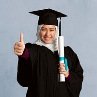 Happy muslim girl in a graduation gown holding her diploma mockup 
