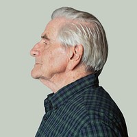 Senior man wearing a tartan shirt in a profile shot mockup 