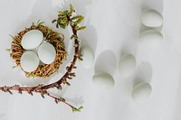 Aerial view of raw eggs on a white marble table