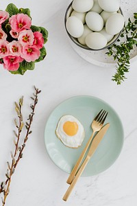 Aerial view of a fried egg on a green plate
