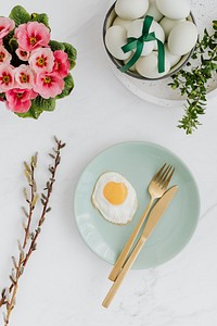 Aerial view of a fried egg on a green plate