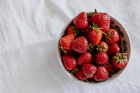 Freshly harvested strawberries in a white bowl flatlay