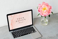 Laptop screen mockup by a pink peony