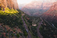 Drone shot of a scenic route in Zion National Park, Utah, USA