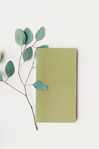 Eucalyptus leaves by an empty notebook cover