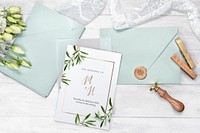 White lisianthus with a wedding invitation card mockup