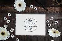 White card mockup on a wooden table