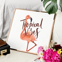 Tropical vibes flamingo on a golden frame mockup
