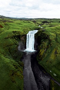 Drone shot of Sk&oacute;gafoss waterfall, Iceland