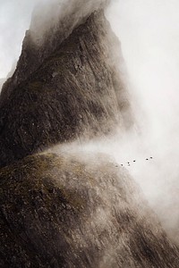 View of a misty Krossanesfjall mountain in Iceland