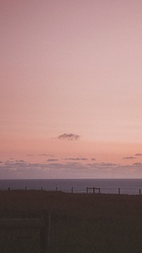 Pink sky over the gloomy fenced beach