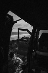 Dog sitting by a car looking at the ocean