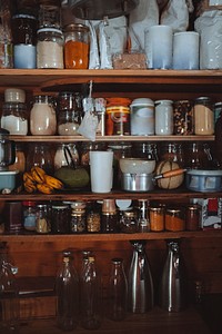 Snacks and ingredients in glass containers on a shelf