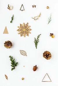 Golden Christmas ornaments on a white background