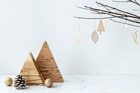 Wooden triangle showpiece on a marble table