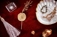 Festive Christmas ornaments on a red background