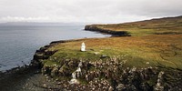 Drone shot of Vaternish Lighthouse at Isle of Skye, Scotland