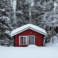 Red cabin in a snowy forest