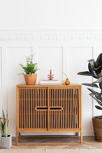 Scandinavian vintage wood cabinet with houseplants