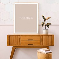 Picture frame mockup on a wooden sideboard table