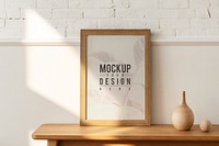 Wooden picture frame mockup on a wooden sideboard table