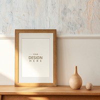 Wooden picture frame mockup on a wooden sideboard table