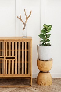Wooden cabinet by a fiddle-leaf fig in a white room