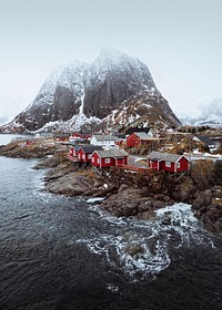 Red fishing cabins in Hamnoy, Norway