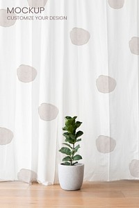 Fresh rubber plant on a wooden floor in front of a simple curtain mockup