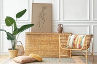 Picture frame on a rattan chest