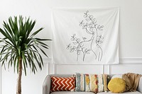 Tapestry wall mockup psd in a bohemian living room