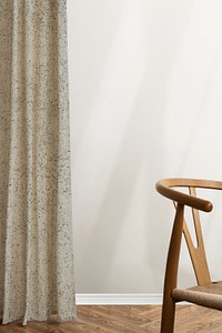 White wall with wooden chair and curtain minimal interior