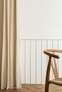 White wall with wooden chair and curtain minimal interior