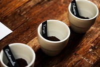 Closeup of coffee tasting cups
