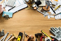 Flat lay of various technician tools isolated