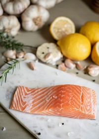 Fresh sliced salmon on a cutting board