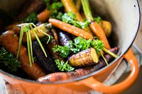 Roasted carrots and parsnips in a pot