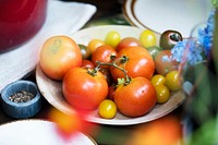 Various types  of fresh tomatoes on a plate