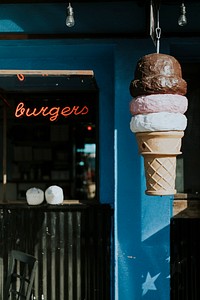 Ice cream cone in front of a restaurant