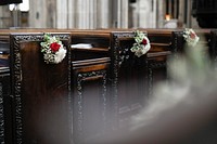 Close up of the pews in a church