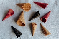 Aerial view of various waffle cones