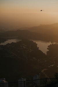 Helicopter flying over a city of Hollywood in California, USA