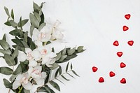 White flowers with eucalyptus and red chocolates