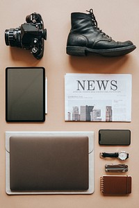 Digital device mockup with daily essentials set
