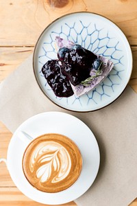 Blueberry cheesecake and a cup of coffee