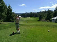 Free man playing golf on sunny day photo, public domain CC0 image.