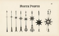Designs of arrows pointing north from Draughtsman's Alphabets by Hermann Esser (1845&ndash;1908). Digitally enhanced from our own 5th edition of the publication. 