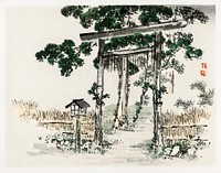 Shrine gate by <a href="https://www.rawpixel.com/search/K%C5%8Dno%20Bairei?sort=curated&amp;page=1">Kōno Bairei</a> (1844-1895). Digitally enhanced from our own original 1913 edition of Bairei Gakan. 