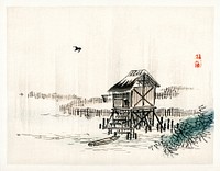 Cottage in the river by Kōno Bairei (1844-1895). Digitally enhanced from our own original 1913 edition of Bairei Gakan. 
