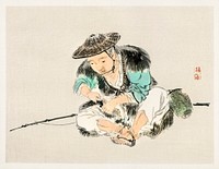 Man maintaining a fishing rod by <a href="https://www.rawpixel.com/search/K%C5%8Dno%20Bairei?sort=curated&amp;page=1">Kōno Bairei</a> (1844-1895). Digitally enhanced from our own original 1913 edition of Bairei Gakan.. 